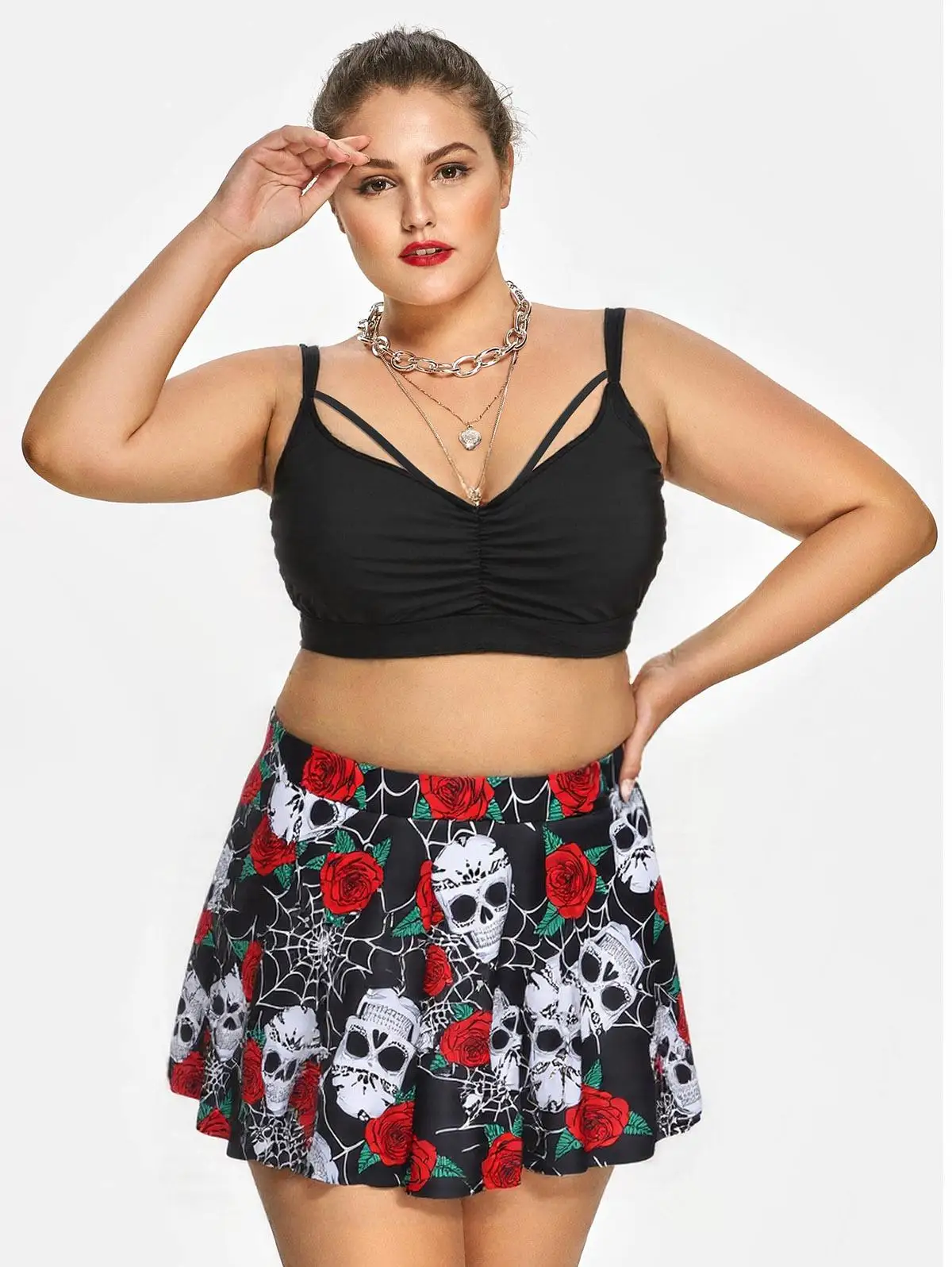 

ROSEGAL Plus Size Gothic Rose Skulls Printed Ruched Padded Tankini Set For Women Summer Beach Swimsuit Two Pieces