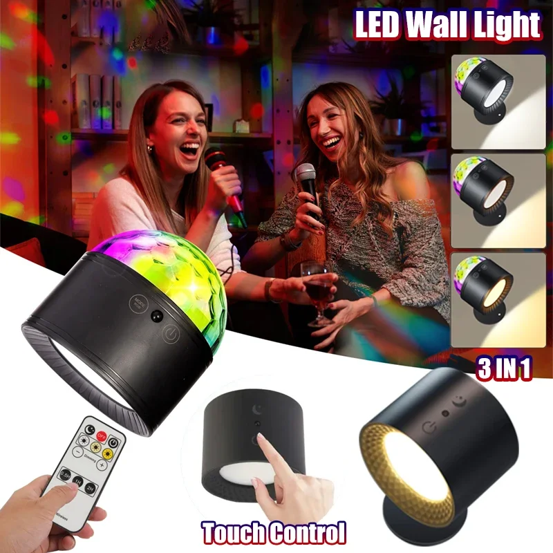 LED Wall Light 3in1 Night Lamp RGB Disco Lights 360° Rotation Up Down LED Remote Rechargeable Wireless for Bedroom Decoration