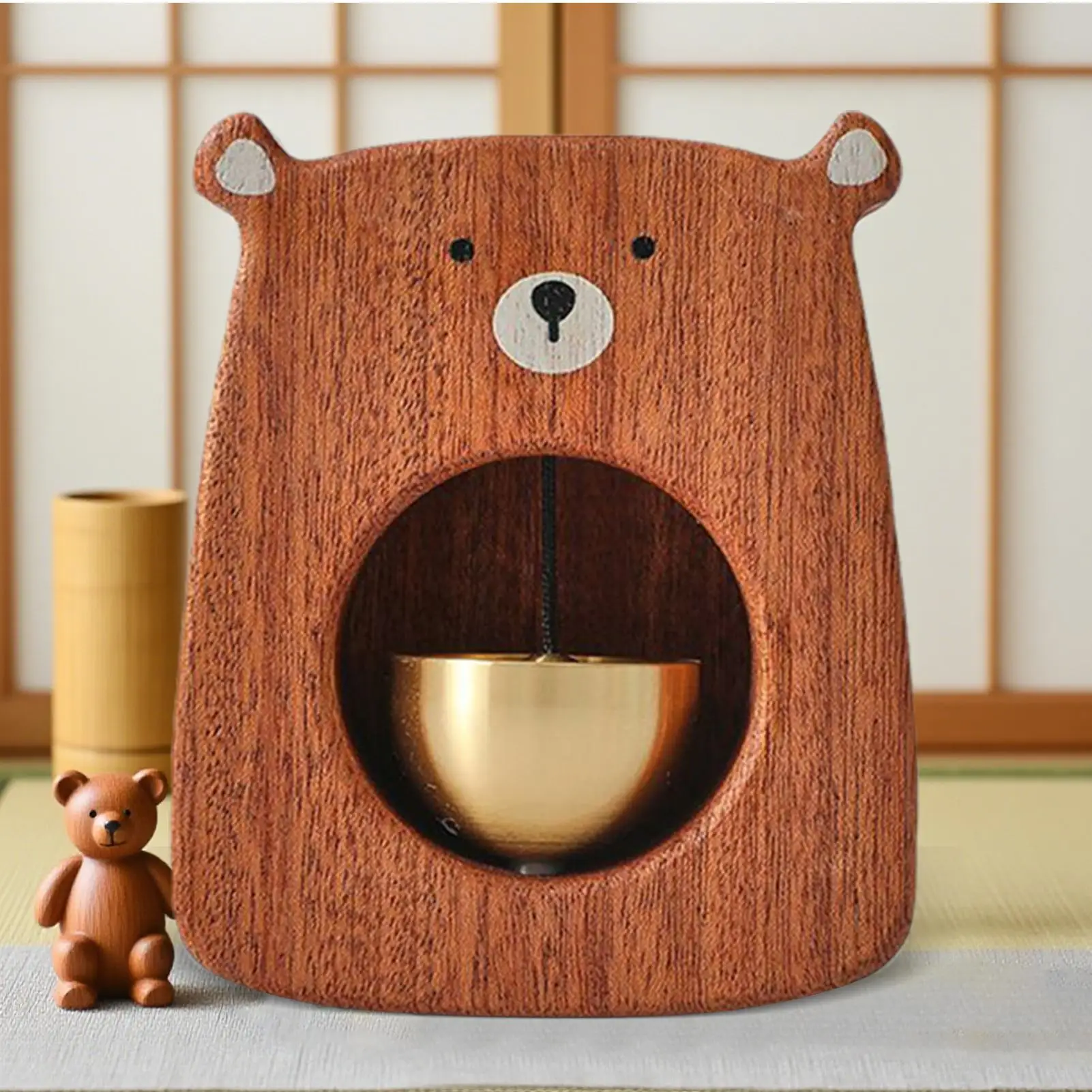 ديكور جرس الباب لطيف الدب الخشبي تمثال جرس الباب مع صوت هش منضدية زخرفة ألعاب جرس الباب التفاعلية للطفل طفل صغير #2