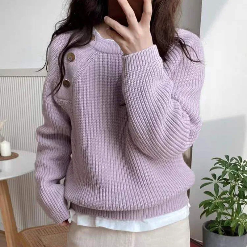 New Autumn/Winter Fashion Design Sense Half High Neck Button Solid Loose Versatile Casual Style Long Sleeve Knitted Sweater