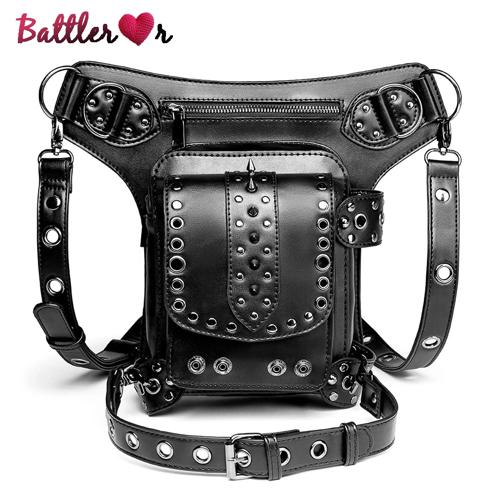 New Ladies Pockets Punk Waistbag Rivet Messenger Bag Retro Mujer Women Hiking Waist Bag Male High Quality Leather Travel Leg Bag