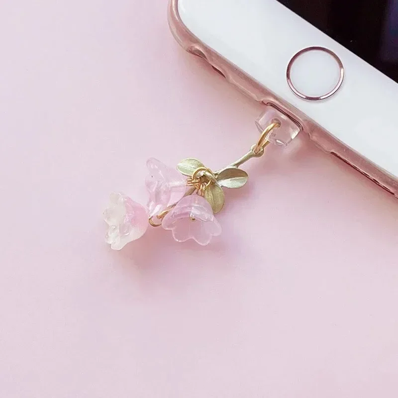 Cute Pink Lily Of The Valley Phone Charm Flower Green Leaf Dust Plug Mobile phone charging port plug accessory pendant