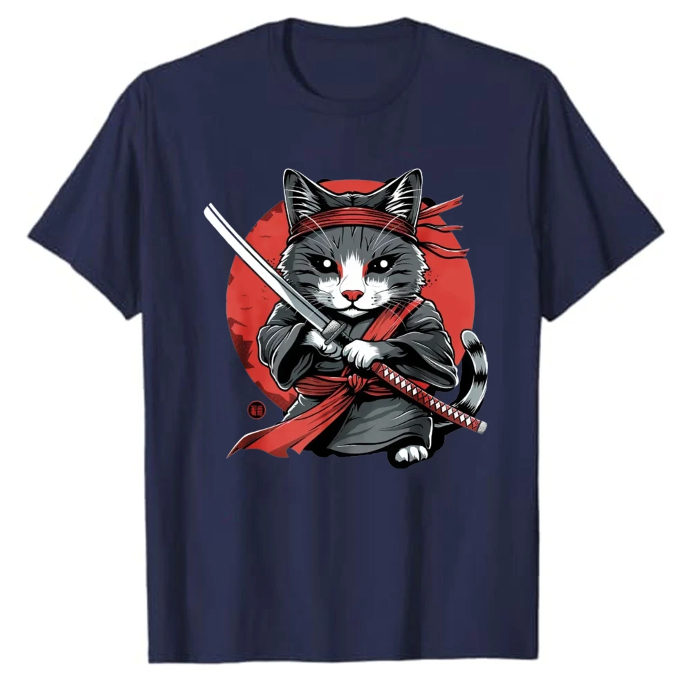 Samurai Ninja Cat Graphic T‑Shirt Japanese Warrior Kitten with Katana Sword Red Sun Circle Art Print Soft Cotton Loose Tee Tops