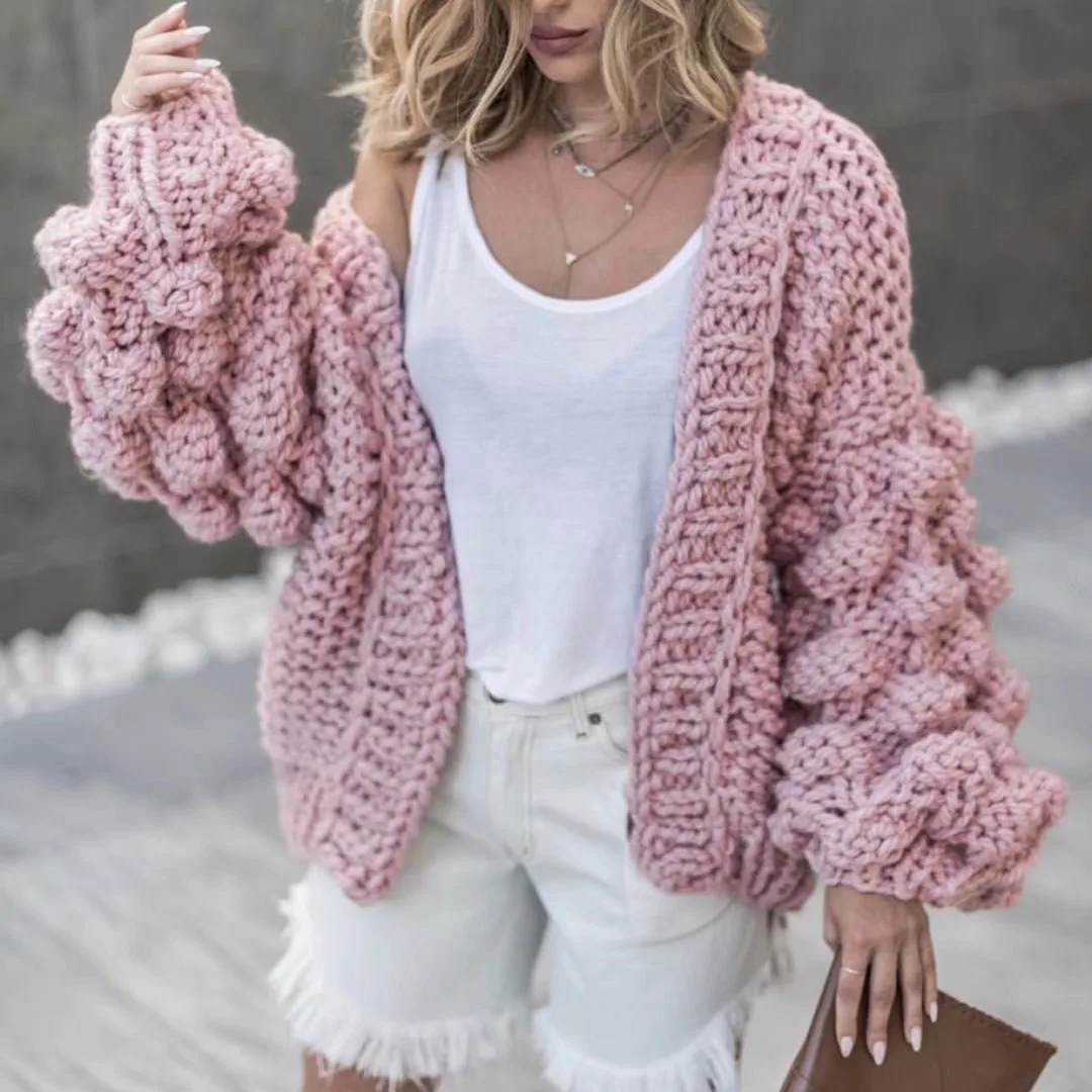 2025 European and American style new handwoven ball lantern sleeves, sweater jacket women's sweater