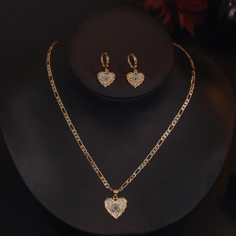 

Gold Evil Eye Heart Jewelry Set Rhinestone Pendant Necklace And Earrings Chunky Chain Lucky Protection Amulet Gift
