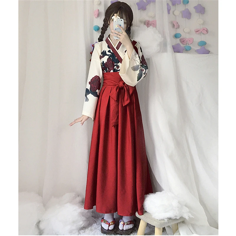 Girls Japanese Style Retro Kimono Yukata Long Sleeve Party Dress Woman Floral Samurai Tops Robes Bow Belt Skirt Haori Outfit Set