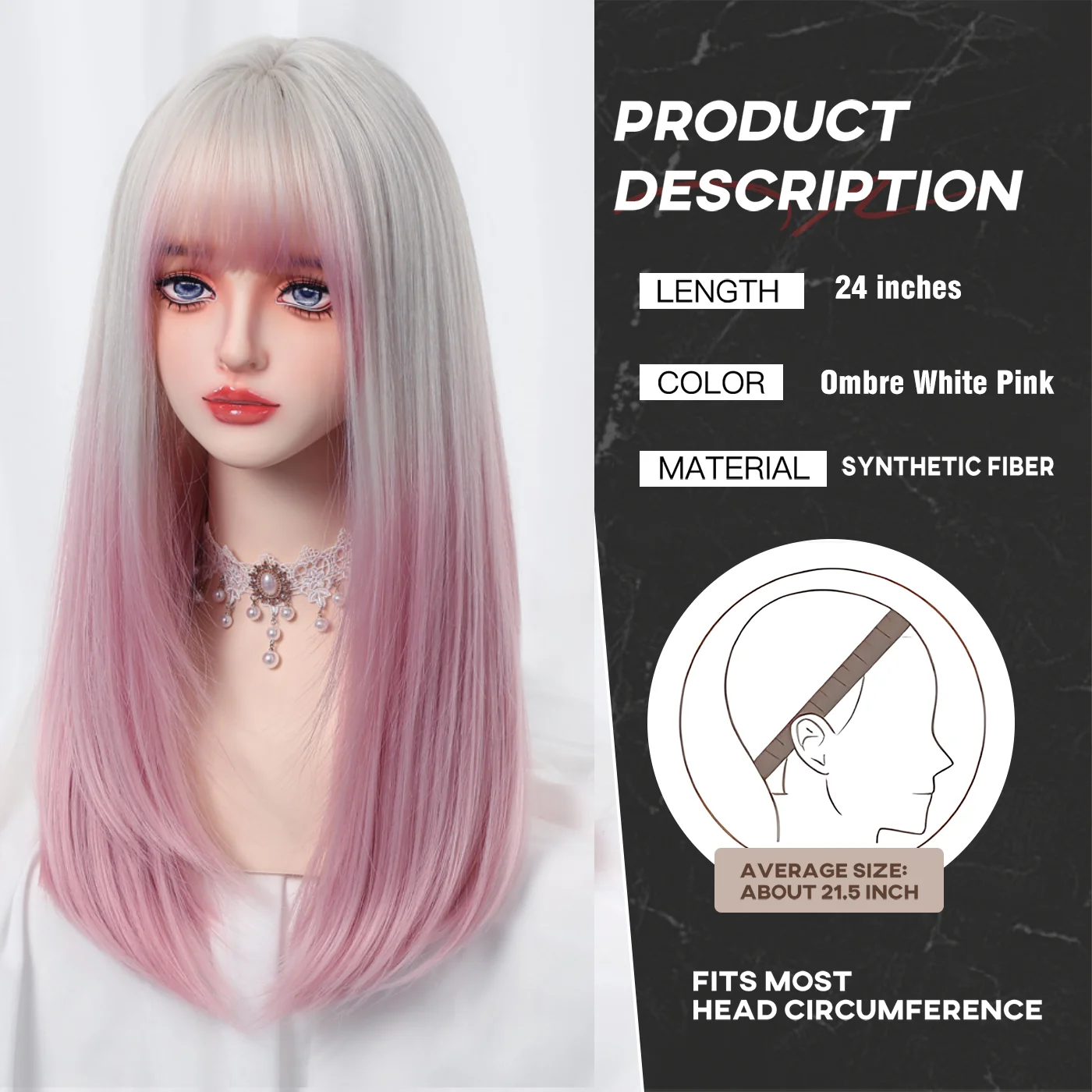 Allbell Magique Platinum Pink Ombre Long Straight Synthetic Wig Women Christmas Party Natural Gradient Colorful Hair With Bangs