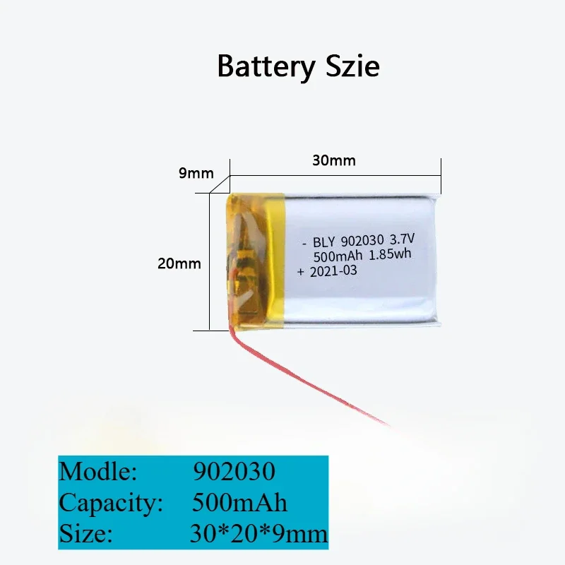 902030 500mAh 3.7V Lithium Polymer Battery  Rechargeable Battery for Consumer Electronics LED Lights Bluetooth Speakers