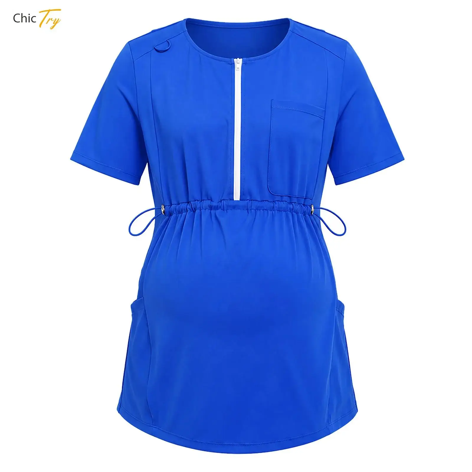 Women Medical Nurse Uniforms Pregnant Scrub Tops Short Sleeve Half Zipper Drawstring Maternity T-shirt with Pockets Work Wear
