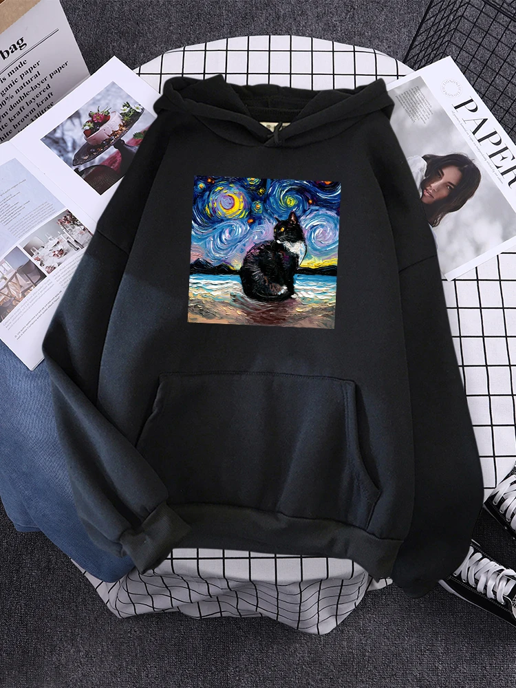 

Mona Lisa Hugging Cat Lovely Cute Pattern Hoodie Female Casual Street Pullover Autumn Oversized Sweatshirt Fleece Pocket Clothes