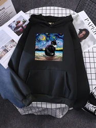 Mona Lisa Hugging Cat Lovely Cute Pattern Hoodie Female Casual Street Pullover Autumn Oversized Sweatshirt Fleece Pocket Clothes