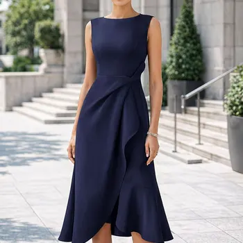 Women Elegant O-Neck Solid Sleeveless Summer Commute Mid-Calf Slim Ruffle Irregular Holiday Prom A-Line Dress
