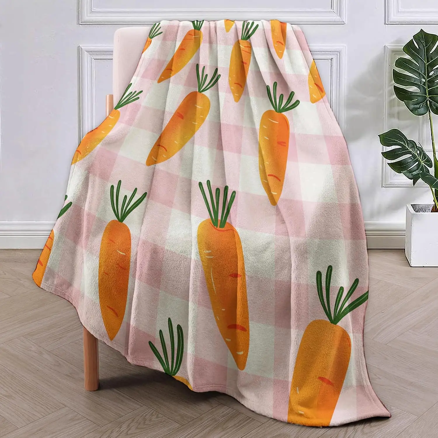 Carrot Fleece Blanket Gifts for Kids and Adults, Fun Vegetable Cozy Throw Blanket, Soft Warm Plush Carrot Blanket with Checkered