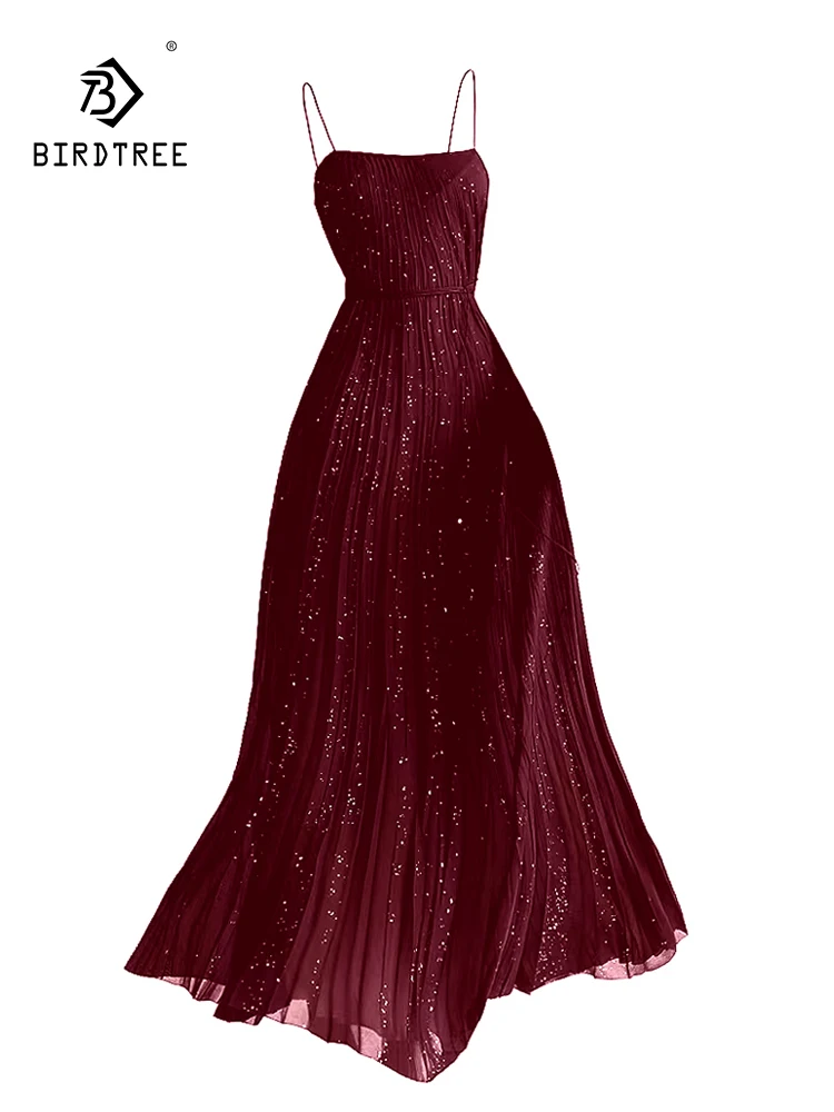 BirdTree, Lining 100%Mulberry Silk Elegant Dresses, Women Spaghetti Strap Backless, Party OL Design Dress, 2024 Summer D46483QC