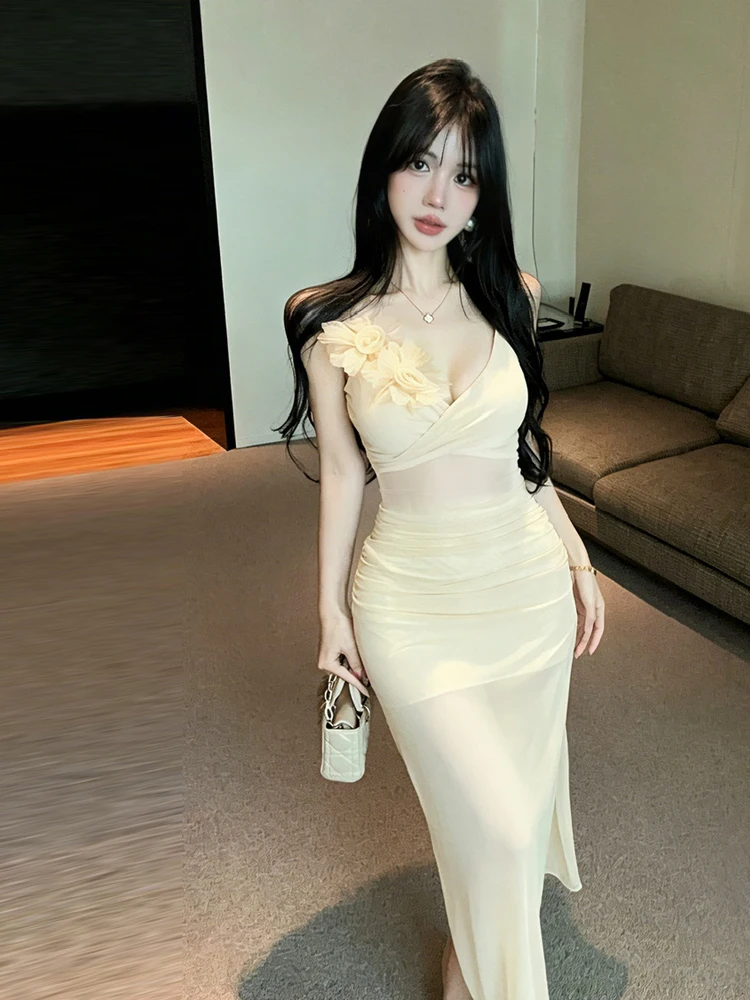 French Style Bell Sleeve High Waist Mesh Dress Summer Casual V Neck Sleeveless Slimming Bodycon Skirt Holiday Vibes Dress