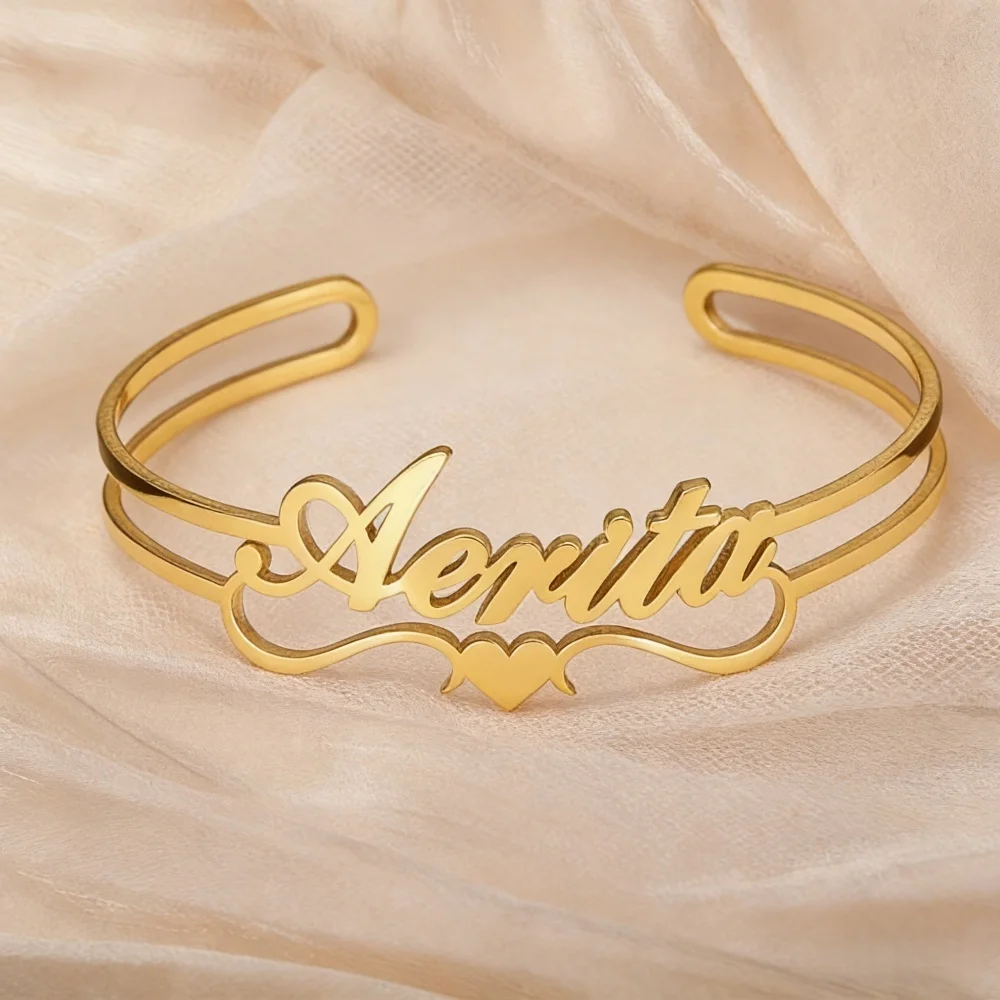 

Personalized Hollow Heart Name Bracelet Stainless Steel Custom Letter Cuff Bangle Adjustable Open Bangle Love Couple gift