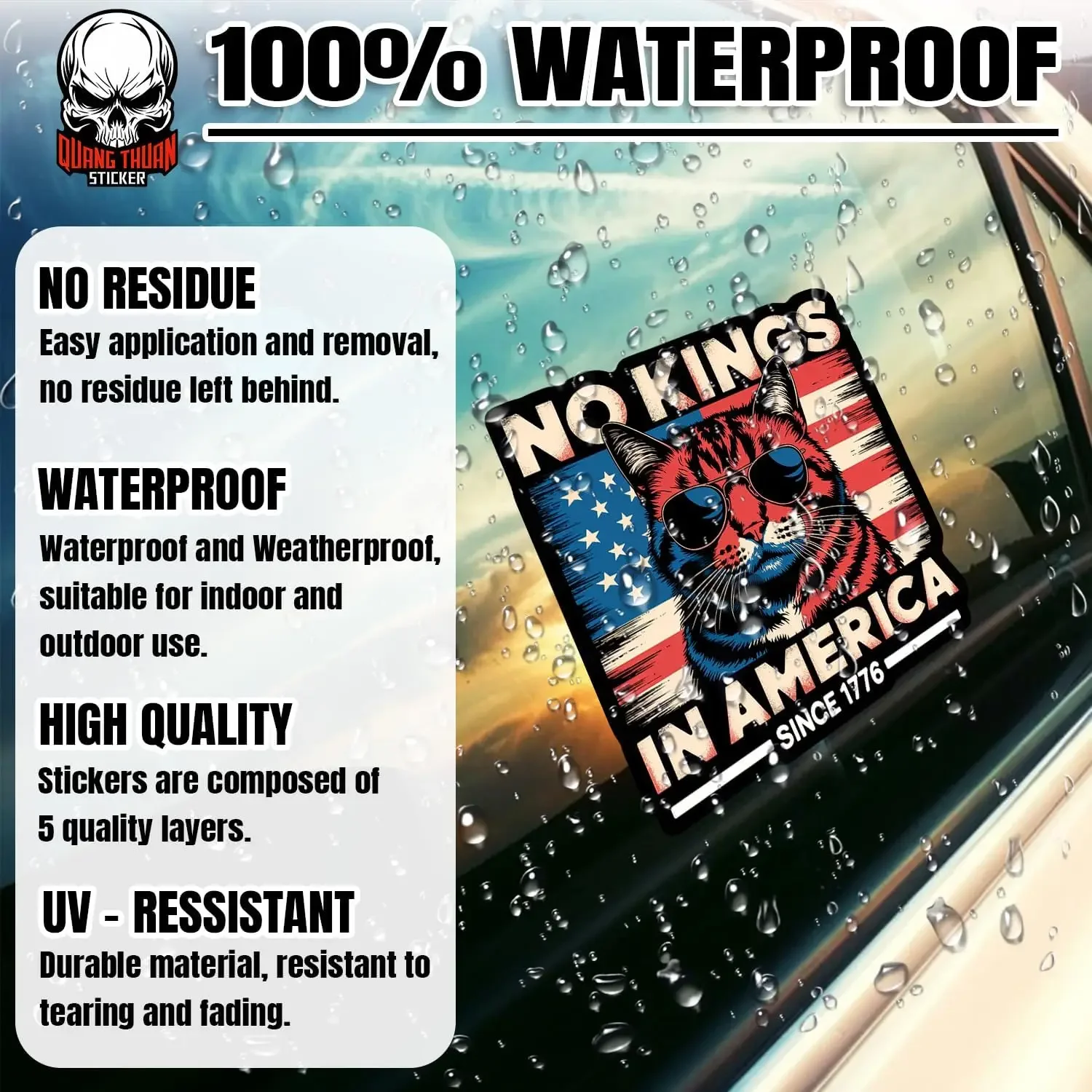 

Наклейка «Нет королей в Америке с 1776 года» (5 шт.), ретро-американская винтажная наклейка с изображением кошки, водонепроницаемая виниловая наклейка для автомобилей, ноутбуков, дома