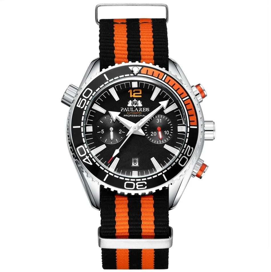 Men Automatic Self Wind Mechanical Orange Black Blue Red Gray Canvas Strap Multifunction Date Month Watch