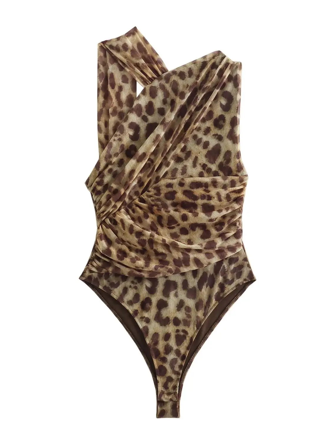 Kaopu za-bodysuit de malha de seda feminino, top assimétrico, plissado, com animal print, sexy, para a praia, verão