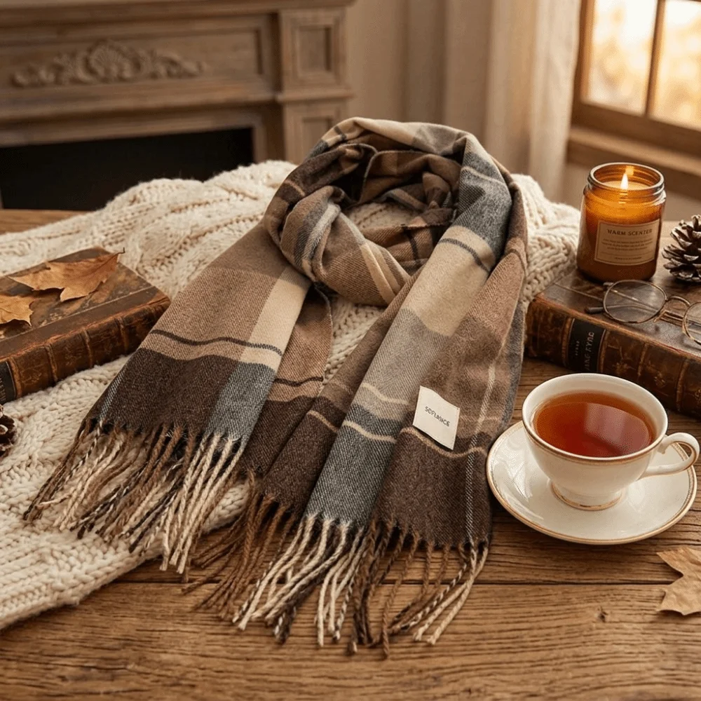 Cozy Korean Style Plaid Scarf Vintage 200x33CM Warm Shawl Wrap Oversized Thick Fall Winter Scarf Student