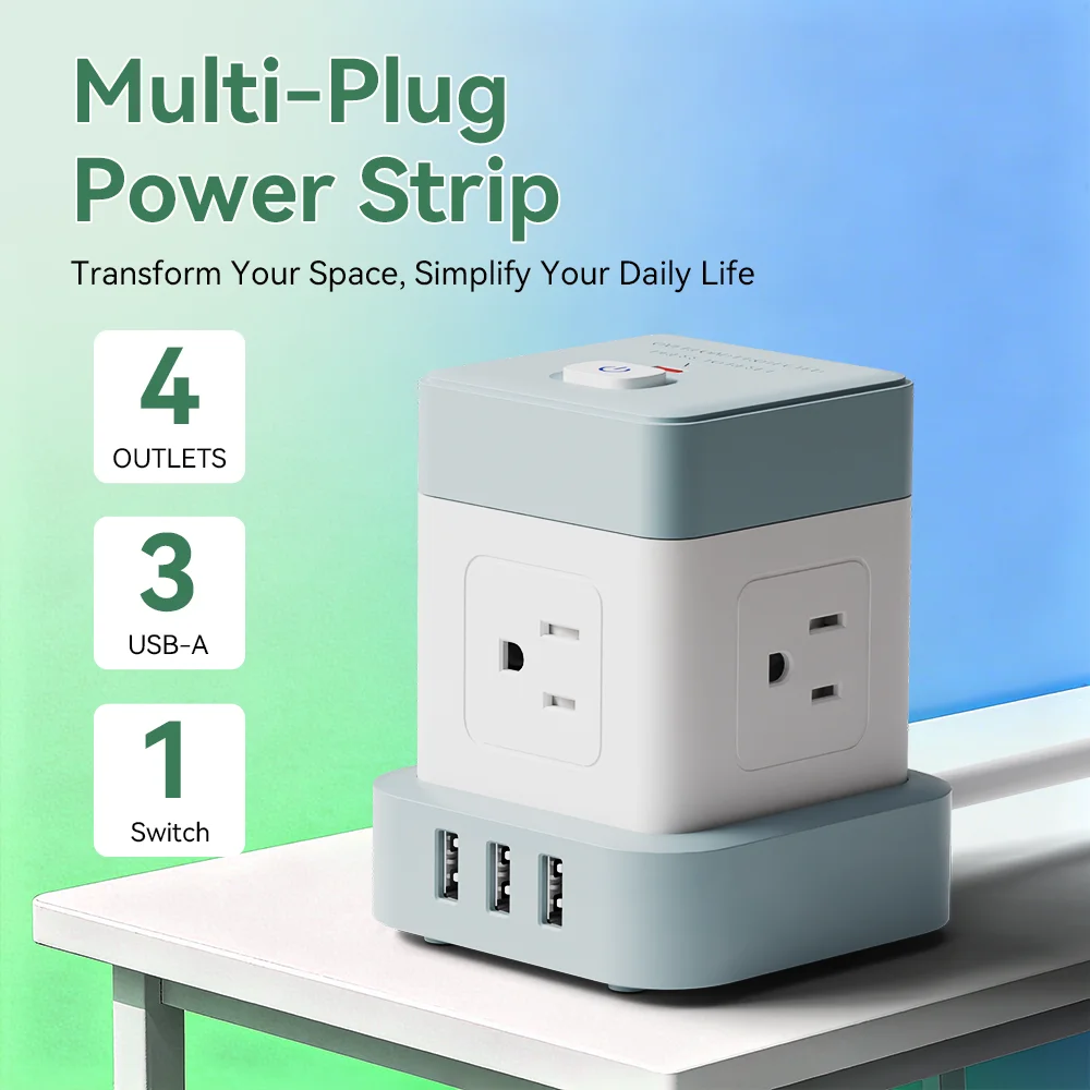 7-in-1 Multifunctional Power Cube, Power Outlet with Integrated 4 Ac Sockets and 3 USB Ports, Can Charge Multiple Devices Simultaneously. It Features a 9-Layer Safety Protection System, and the Socket Includes Surge Pr