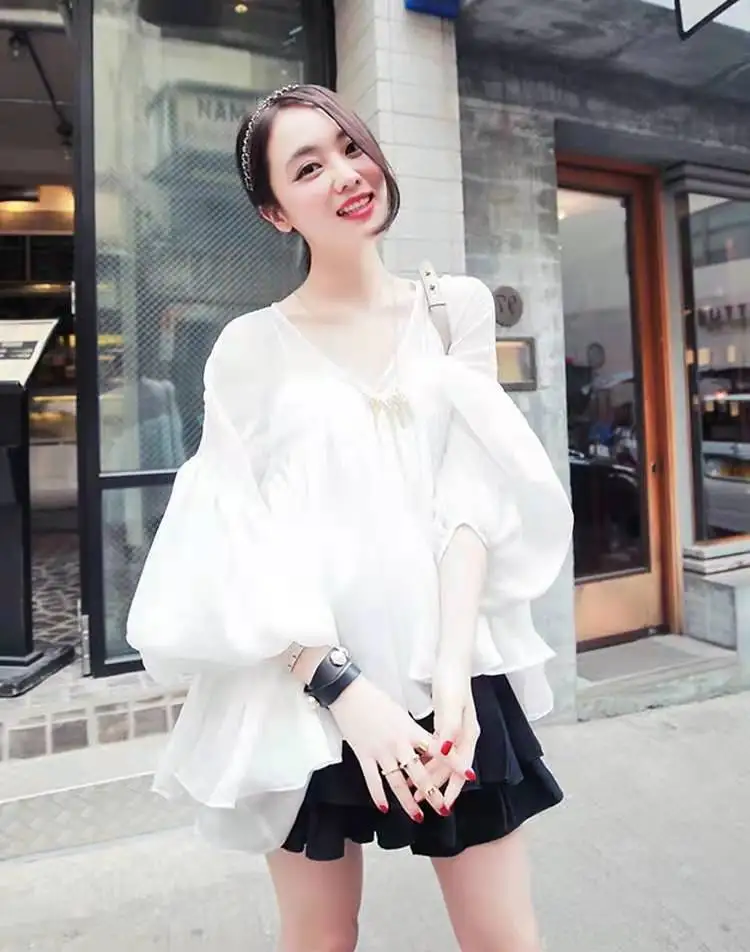 Spring Summer V-Neck Pink Chiffon Shirts Loose Sweet Two-piece Pleated Blouses Irregular Lantern Sleeve Crop Tops Blusas Mujer