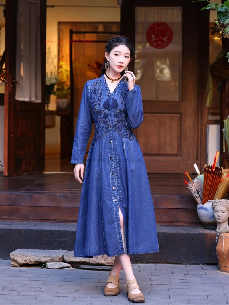 2024 chinese vintage dress national flower embroidery denim dress traditional v-neck folk dress oriental elegant a-line dress