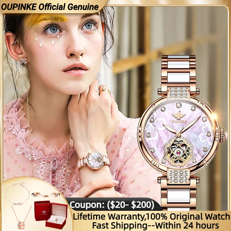 

OUPINKE 3183 часы с корпусом для женщин, полый циферблат с бриллиантами, элегантный керамический ремешок, водонепроницаемые оригинальные механические мужские часы