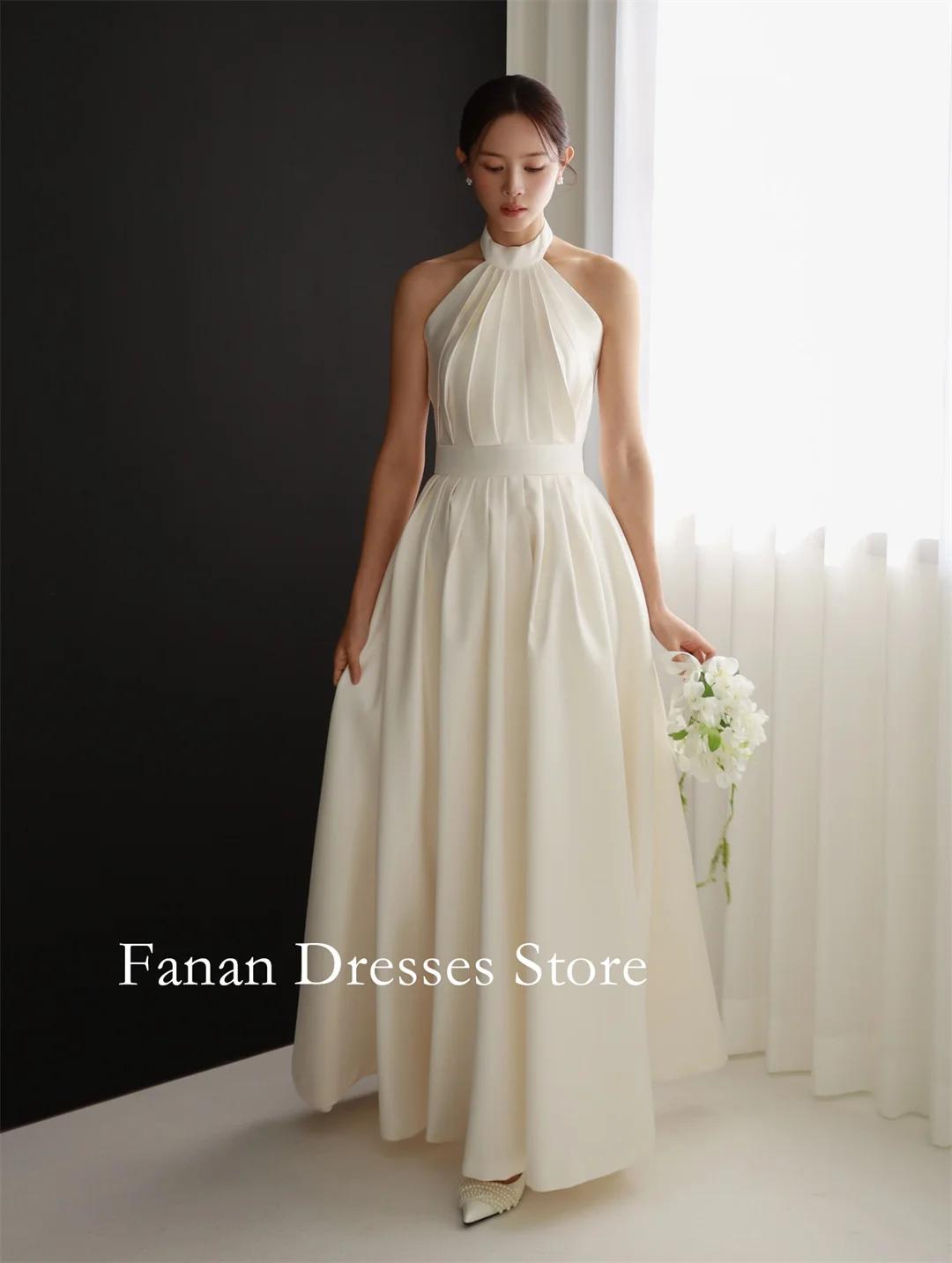 

FANAN Halter Neck Ruched Elegant Simple Bride Dresses A-Line Sleeveless Corset Ivory Wedding Dresses 웨딩드레스 Ivory Custo