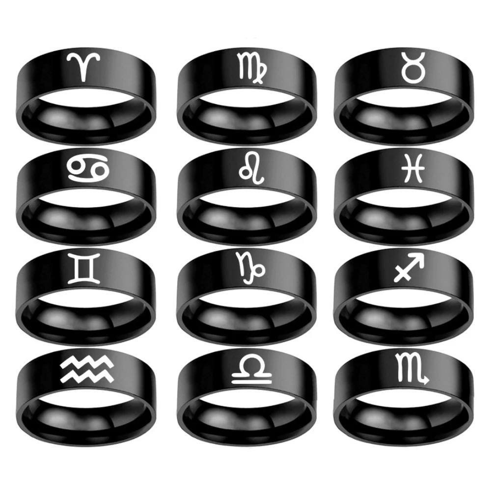 BAECYT 12 Constellations Zodiac Sign Finger Rings Women Girls Black Sliver Color Stainless Steel Ring Anel Anillos VIP 384 PCS