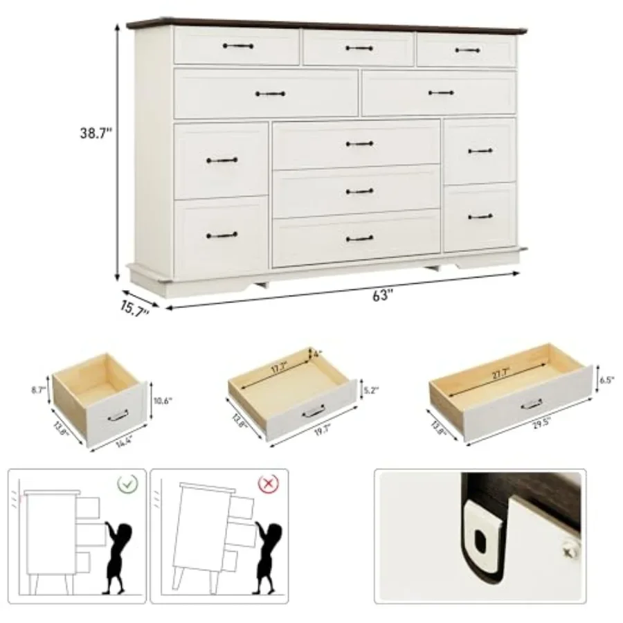 Tall Farmhouse 12 Drawer Dresser for Bedroom, 63