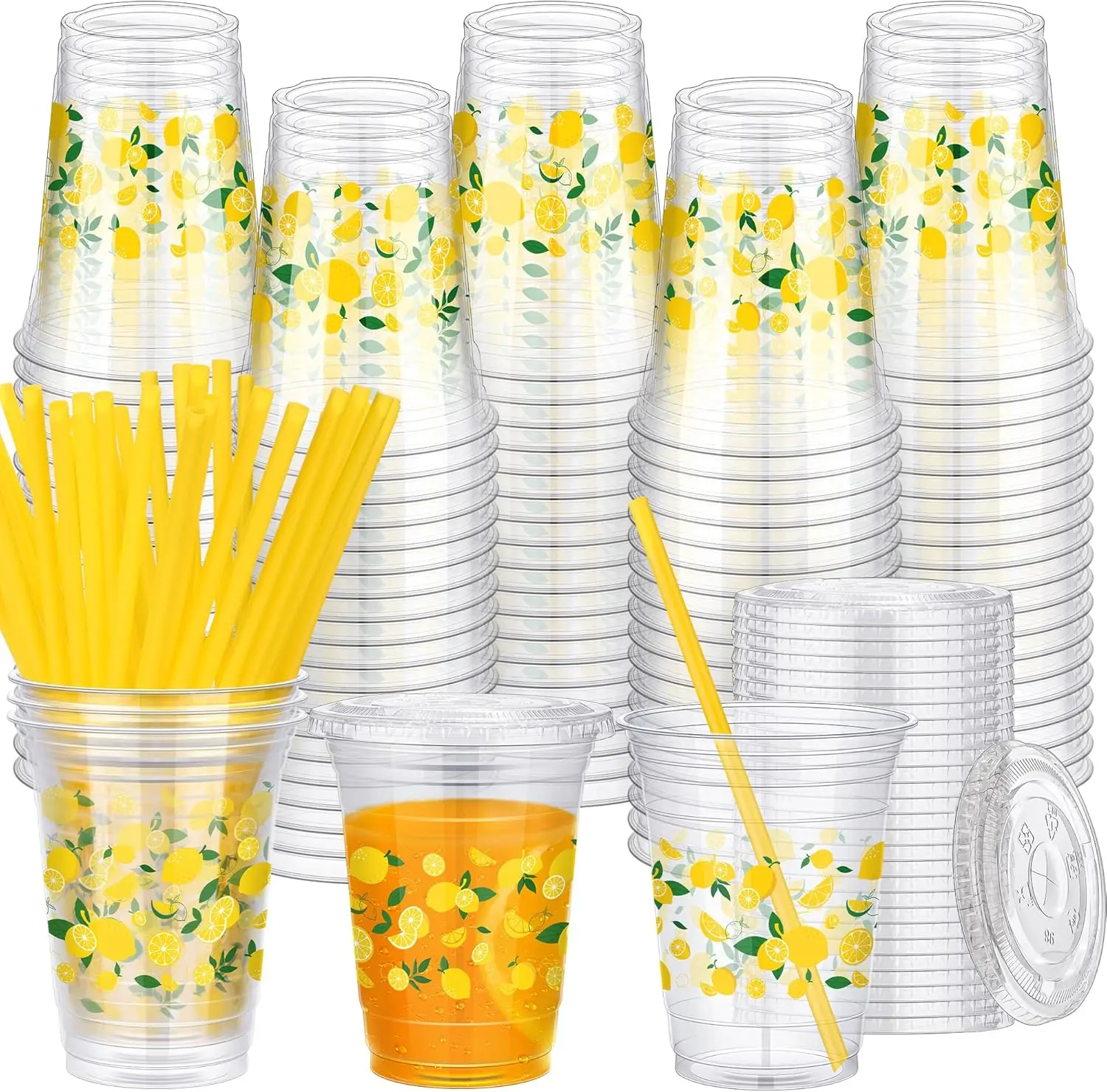 

300 Pieces Lemon Plastic Disposable Cups with Lids and Straws 16 oz Summer Tropical Party Cups for Lemonade Juice Water