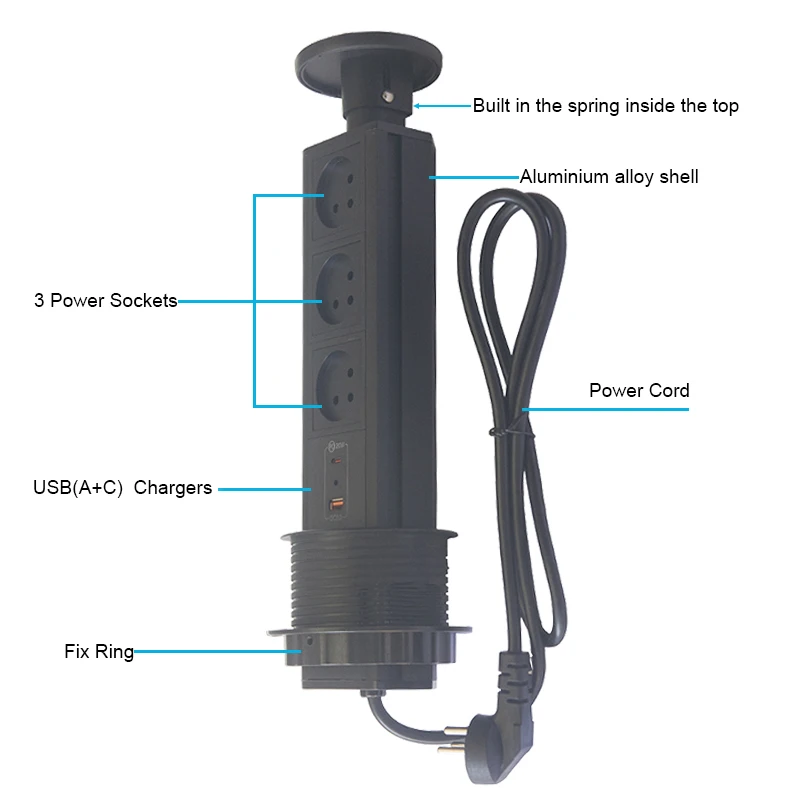 Israeli Hexagon Plugs Socket + USB(A+C) Charging Ports PD20W Kitchen Hidden Desktop Power Pop Up Outlets Lifting Black