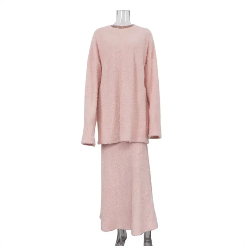 Womens Outfits Spring New Pink Long Sleeve Loose Top High Waist Skirt Knitted Suit Womens Two Peice Sets