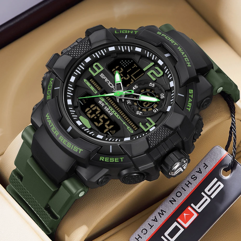 SANDA 6130 Men Watch Multifunctional Sports 50M Waterproof Dual Display LED Night Light Leisure Student Male Electronic Watches