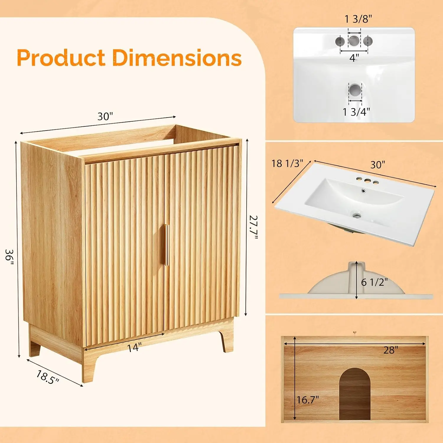 30 Inch Bathroom Vanity with Sink, Mid Century Modern Freestanding Cabinet with Ceramic Top, Fluted Soft-Close, Customized