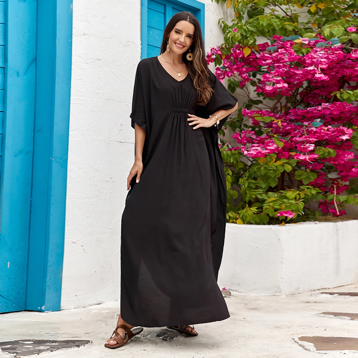 Women Summer Bohemian Solid Color Maxi Dress, Elegant Side Slit Beach Dress, Casual Long Cover Up for Bikini Swimwear Vacation