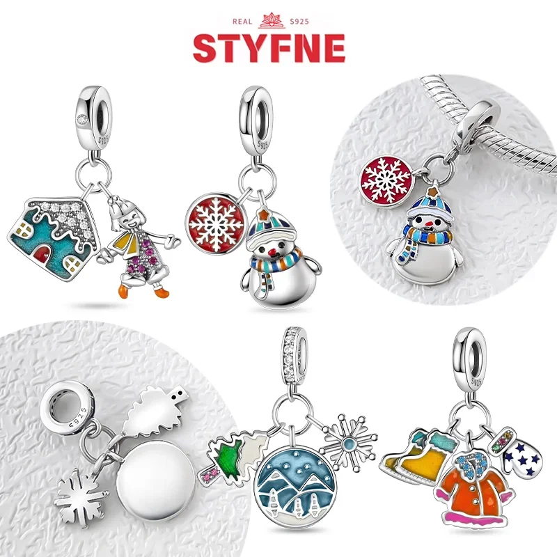 925 Sterling Silver New Christmas Snowman Snowflake Charm Beads Fit Original Bracelets DIY Fine Jewelry Gift  for Women