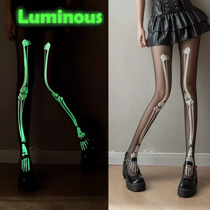 Luminous Sex Human Skeleton Tights Women Anime Pantyhose Black Stockings Sexy Harajuku Hosiery Large G Tights Gothic Clothes