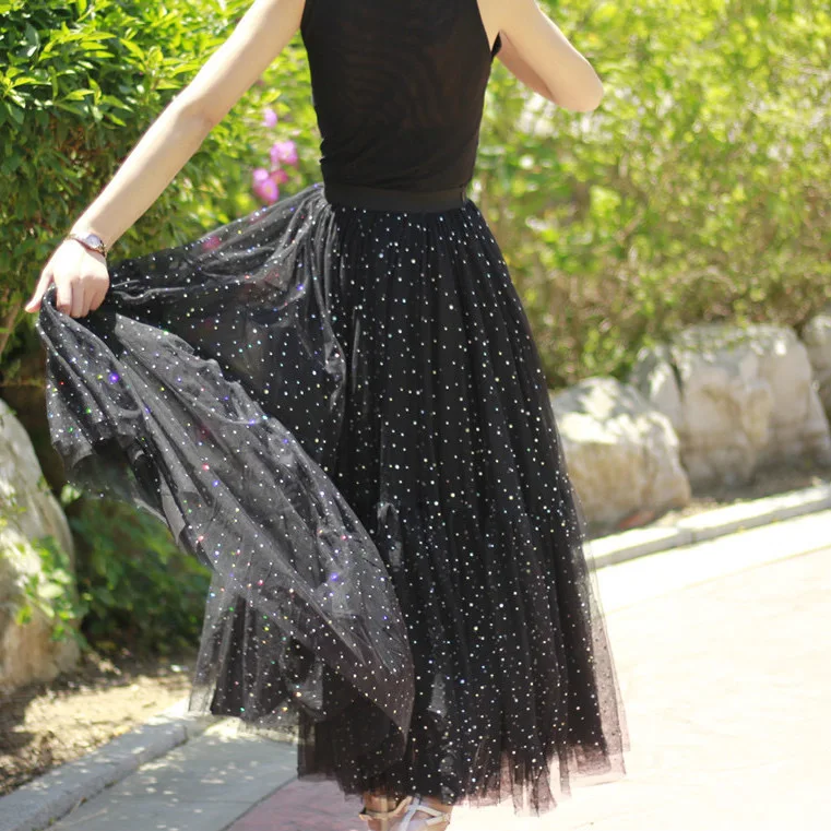 IHOBBY 4 Layer Fairy Sequins Tulle Long Black Skirt Big Swing Mesh Patchwork A Line Girls Long Skirts