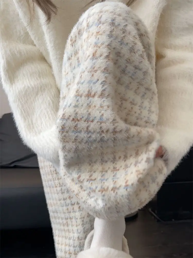 

High Waist Plaid Design Wide Leg Pants Women's Autumn Winter plus Size 300 Pou eep Velvet Long Trousers Trendy Casual Pants