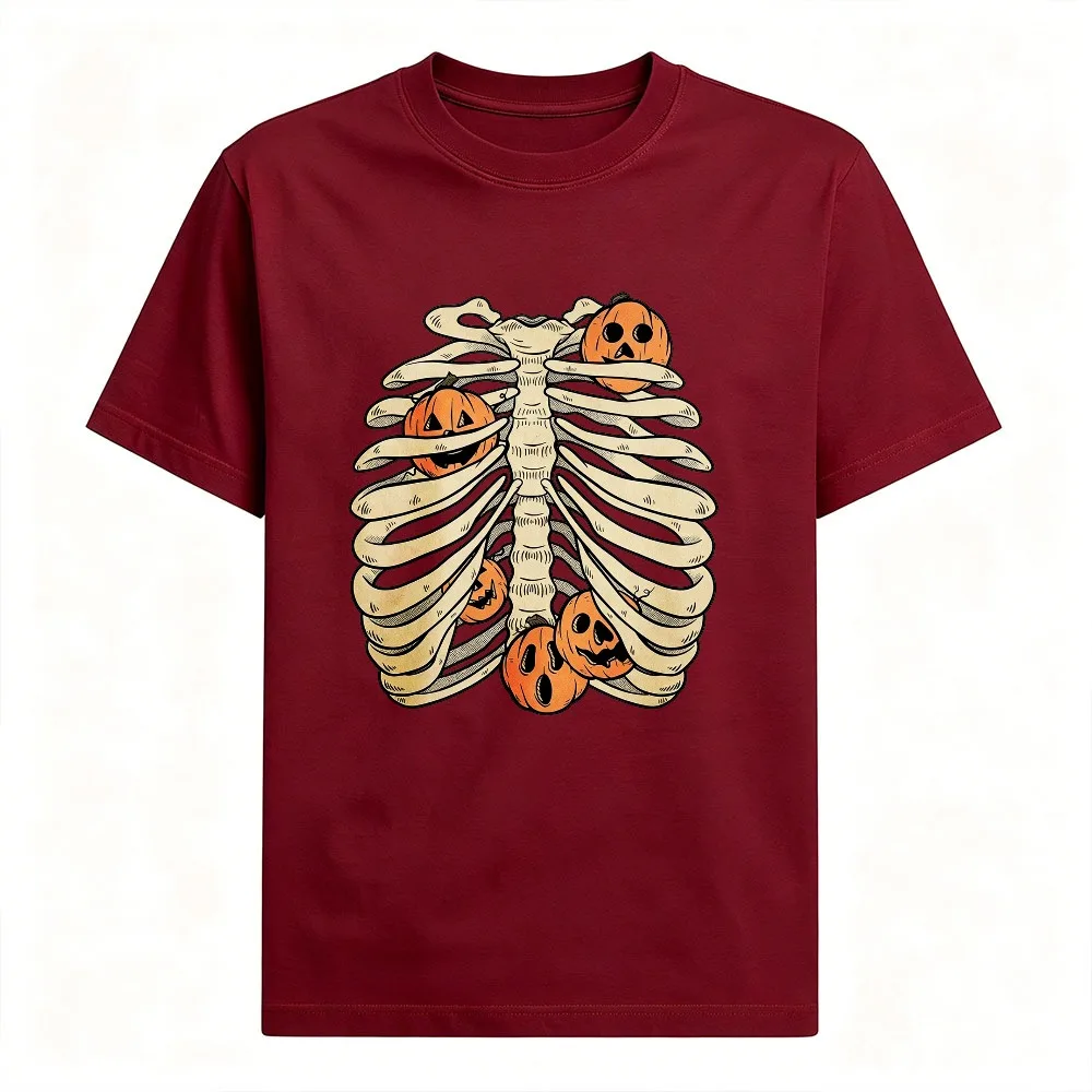 Ribcage Pumpkin Cotton Tshirt Fun Skeleton Chest Fall Streetwear Tops Fashion Staple For Spooky Holiday Enthusiasts Holiday Tees