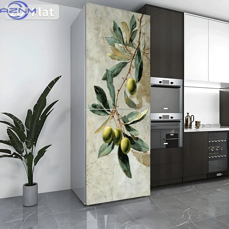 Impresión: Adhesivo decorativo de oliva verde sobre una rama de olivo - Adhesivo decorativo para pared, adecuado para paredes y refrigeradores, cocina moderna