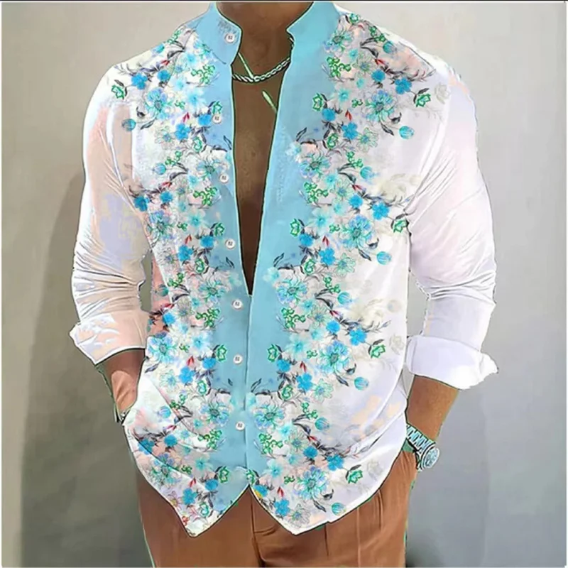 2024 new spring and summer new men\'s casual fashion stand-up collar shirt 3D digital printing flower pattern long-sleeved top