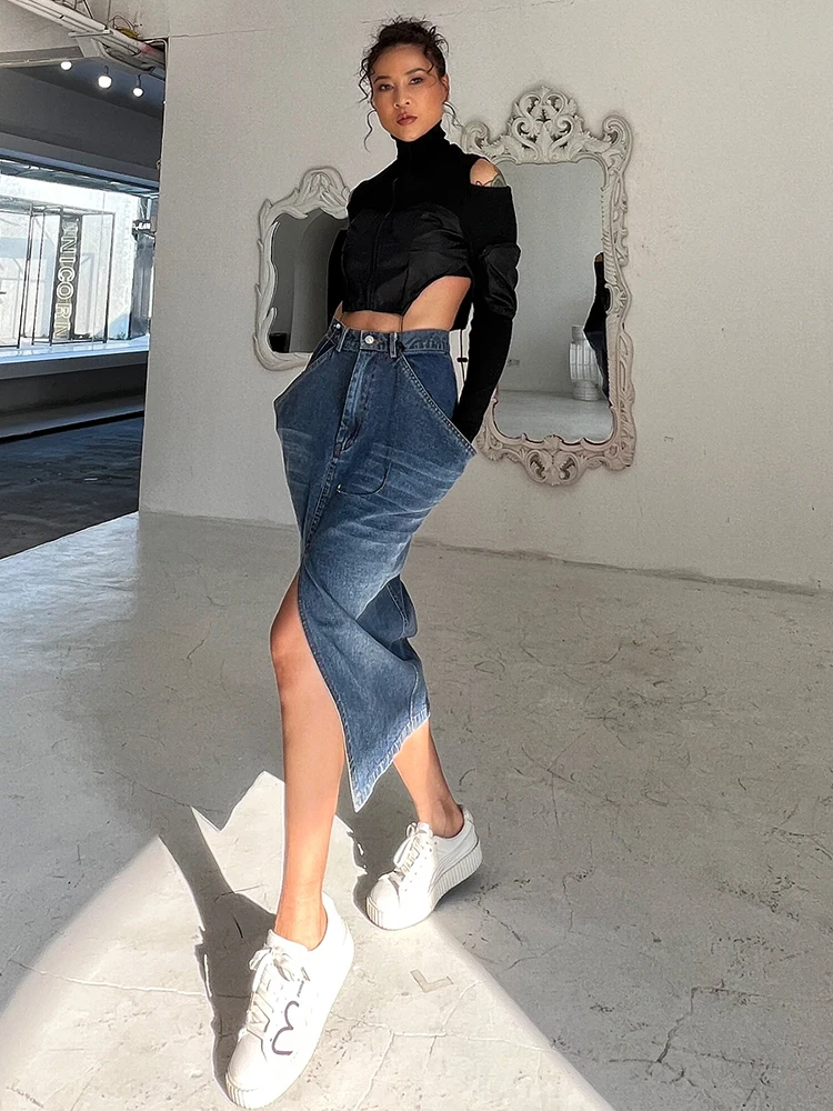 TWOTWINSTYLE Blue Denim Skirt For Women High Waist Straight Split Solid Streetwear Midi Skirts Female Fashion Clothing New 2022