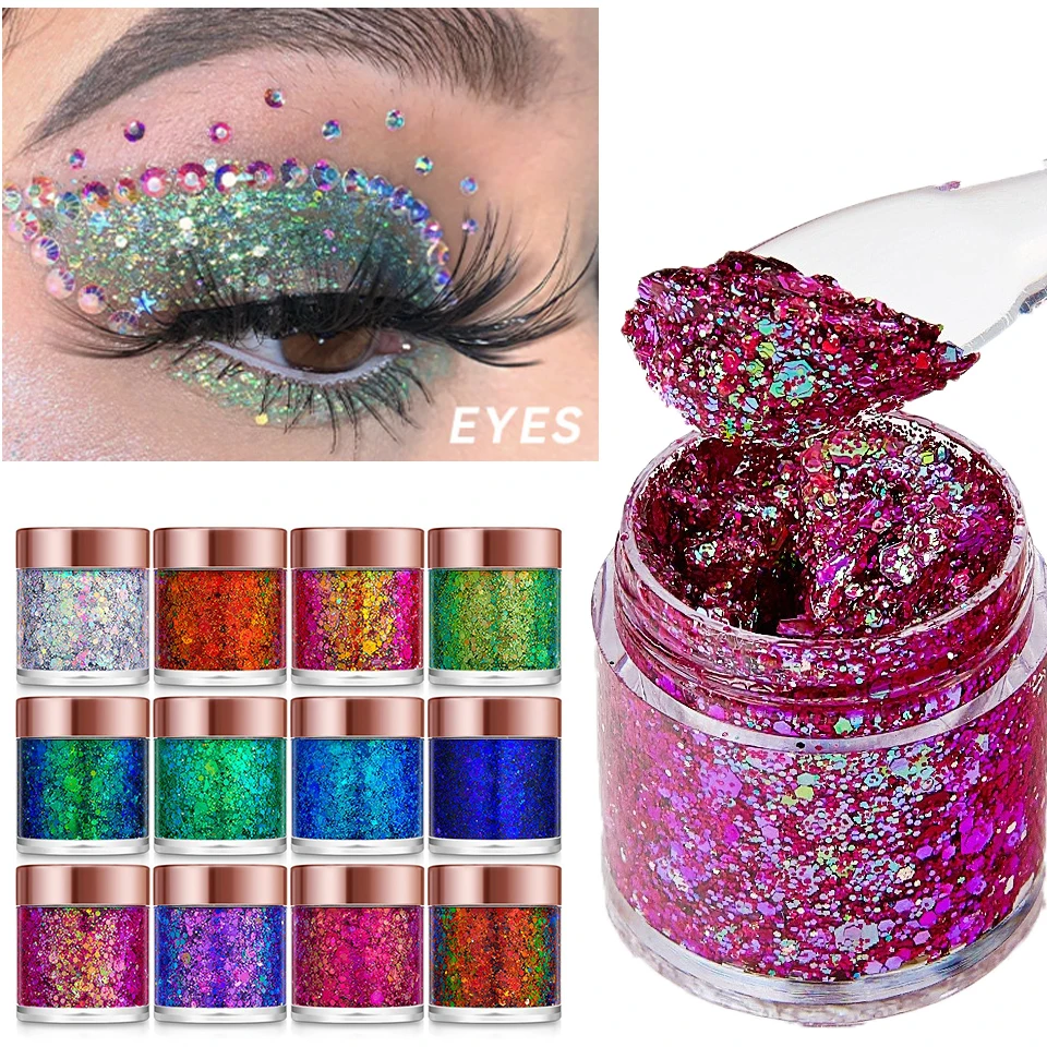 Gel Brillante con Lentejuelas Camaleón, Brillante y Duradero, para Rostro, Cabello y Ojos, Decoración para Fiestas, Festivales y Carnavales