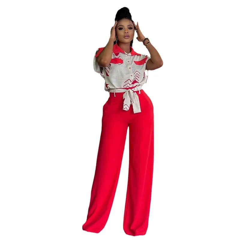 Fashion Pants Sets Women Lapel Short-Sleeved Shirt Lace-up Wide-Leg Trousers Casual Suit Two Piece Sets Outfits Pockets Pant