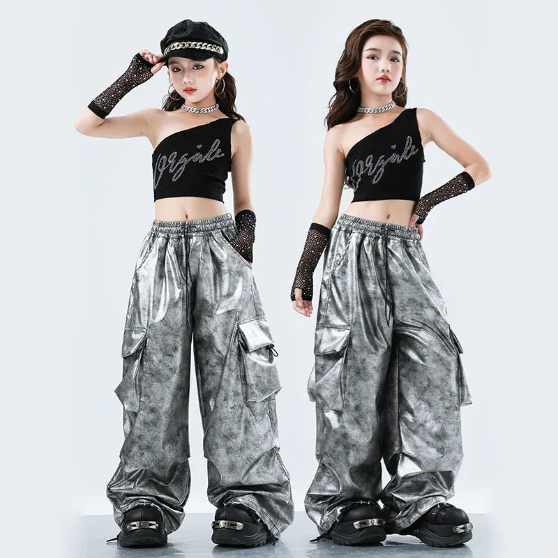 

Kid Kpop Hip Hop Clothing Black One Shoulder Crop Tank Top Silver Tie Dye Parachute Cargo Pants for Girl Dance Costume Clothes