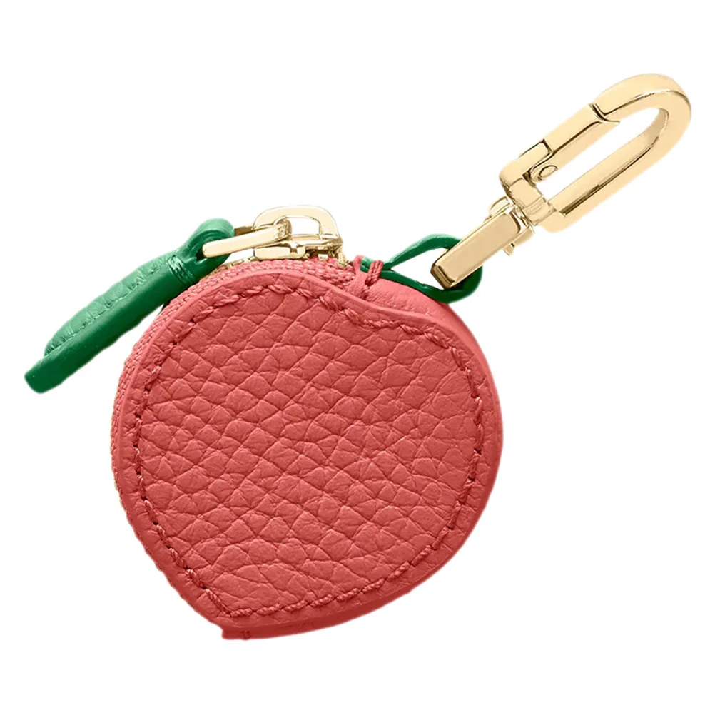 

Peach Coin Purse Keychain Cute Mini Wallet Green Leaf Design Portable Access Card Holder Keychain Pouch For Women Lightweight