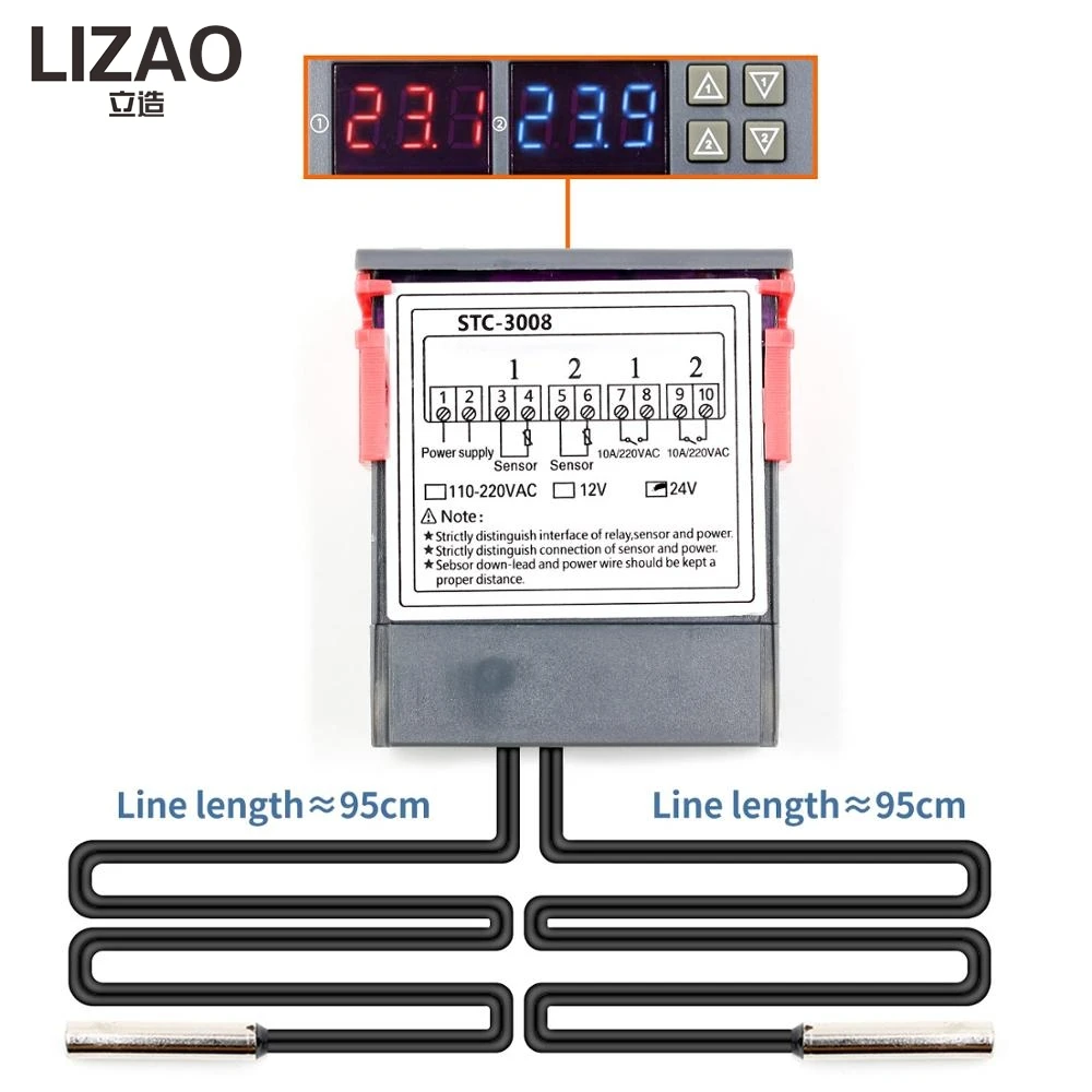 LIZAO STC-3008 Dual Digital Thermostat, 10A Two Relay Output Heating Cooling Temperature Controller 12V 24V 220V